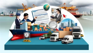 Hình ảnh của tàu hàng và máy bay biểu thị cho hoạt động vận chuyển quốc tế từ Hồ Chí Minh đến Pháp.