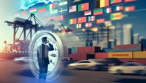 Hình ảnh về cảng vận chuyển quốc tế với nhiều tàu và container dưới ánh hoàng hôn.