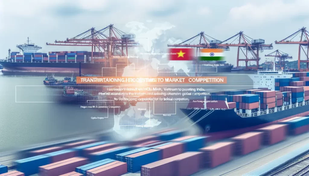 Illustration of international trade and logistics involving Ho Chi Minh City and India.