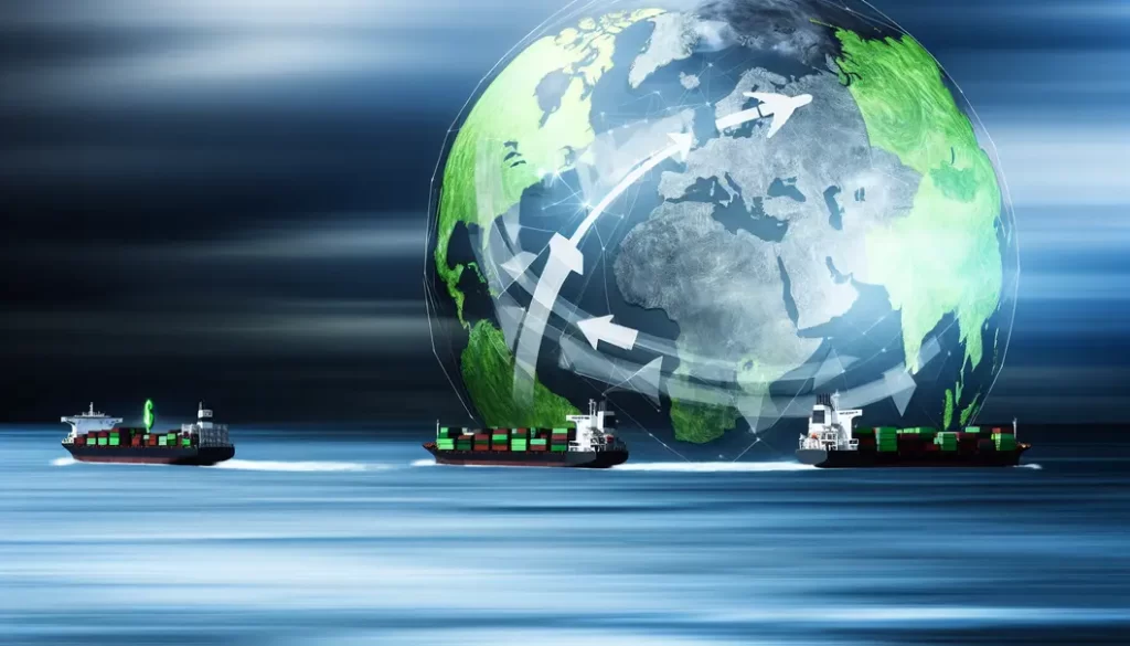 Hình ảnh các lãnh đạo doanh nghiệp tại văn phòng hiện đại bàn luận về logistics, với màn hình kỹ thuật số hiển thị dữ liệu vận chuyển.