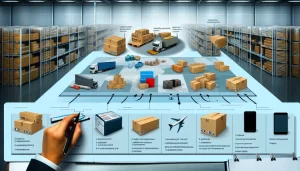 Collage of airplane, cargo ship, and delivery truck surrounded by international flags.