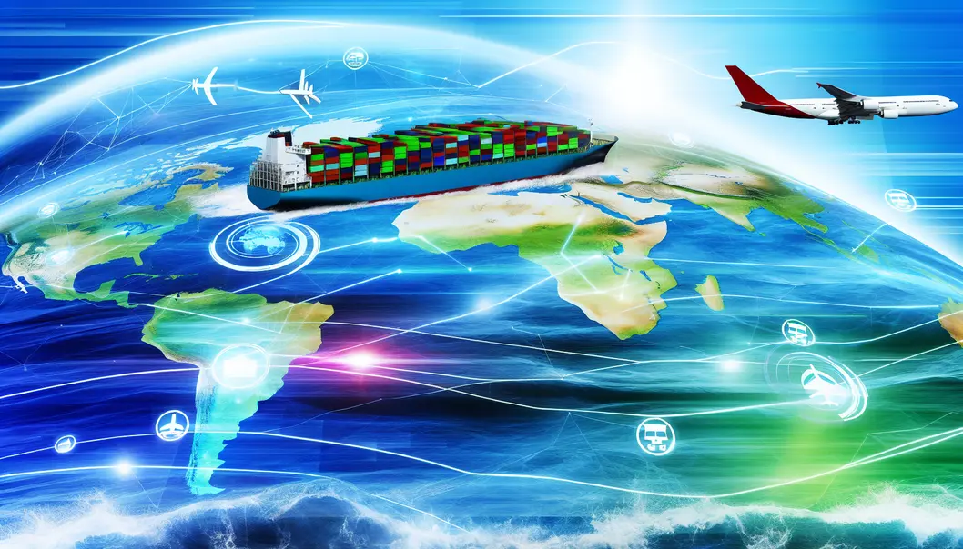 Bản đồ thế giới với các tuyến vận chuyển quốc tế sôi động.