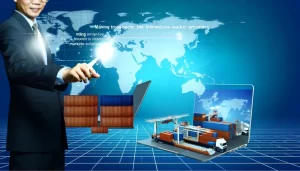 CEO at international port with logistics technology.