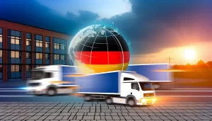 Delivery trucks departing from a large warehouse in Quận 12 headed to Germany.