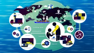 Professionals in a meeting room discussing logistics strategies with digital platforms.