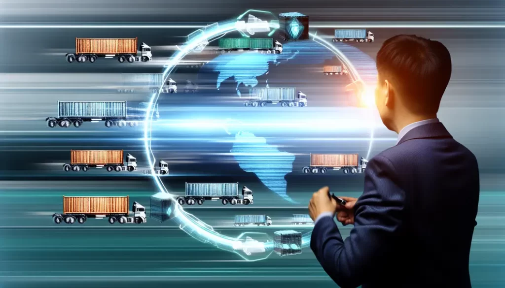 Collage depicting shipping logistics and market expansion into China with containers and tech elements.