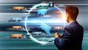 Collage depicting shipping logistics and market expansion into China with containers and tech elements.