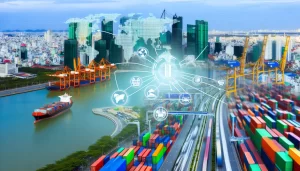 A bustling logistics hub with modern technology and vehicles.