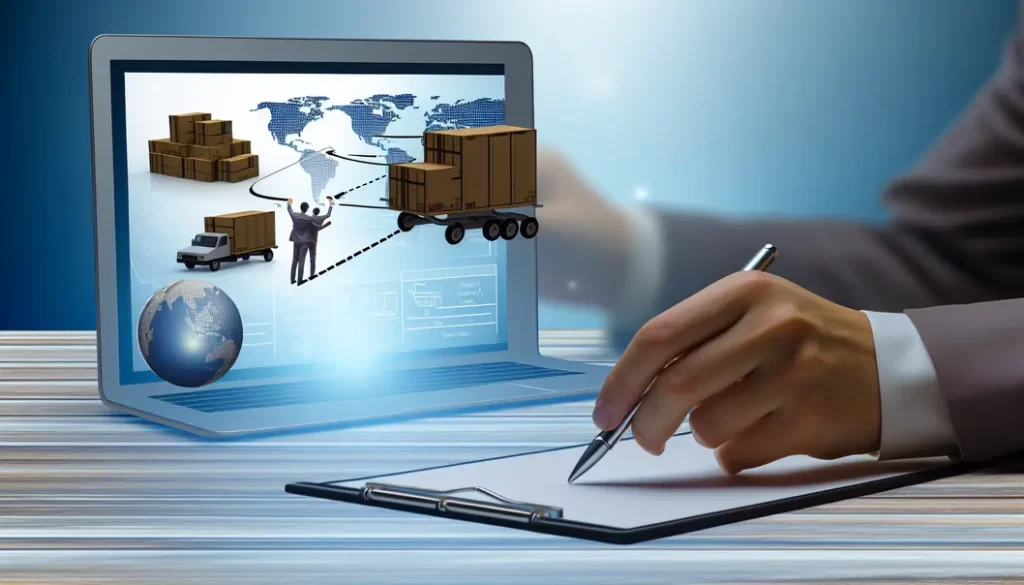Cover image combining digital and logistics elements for global online shipping services.