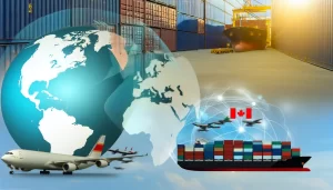 Business meeting room with Vietnamese and Canadian flags symbolizing trade partnership.