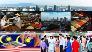 A ship in blue waters with Vietnam and Malaysia trade symbols, representing international trade.