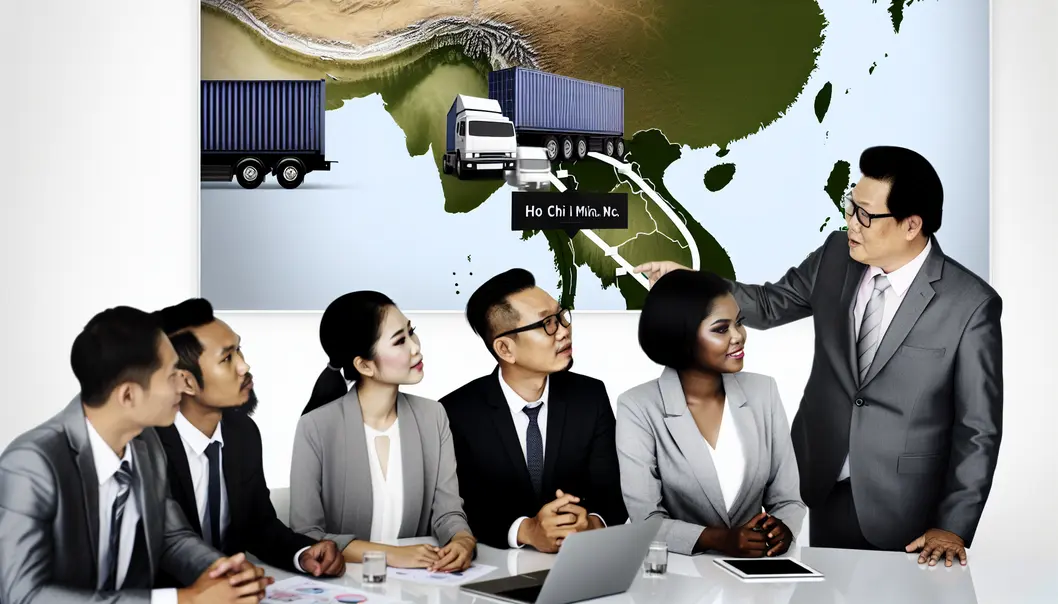 Đội ngũ lãnh đạo phân tích chiến lược logistics quốc tế.