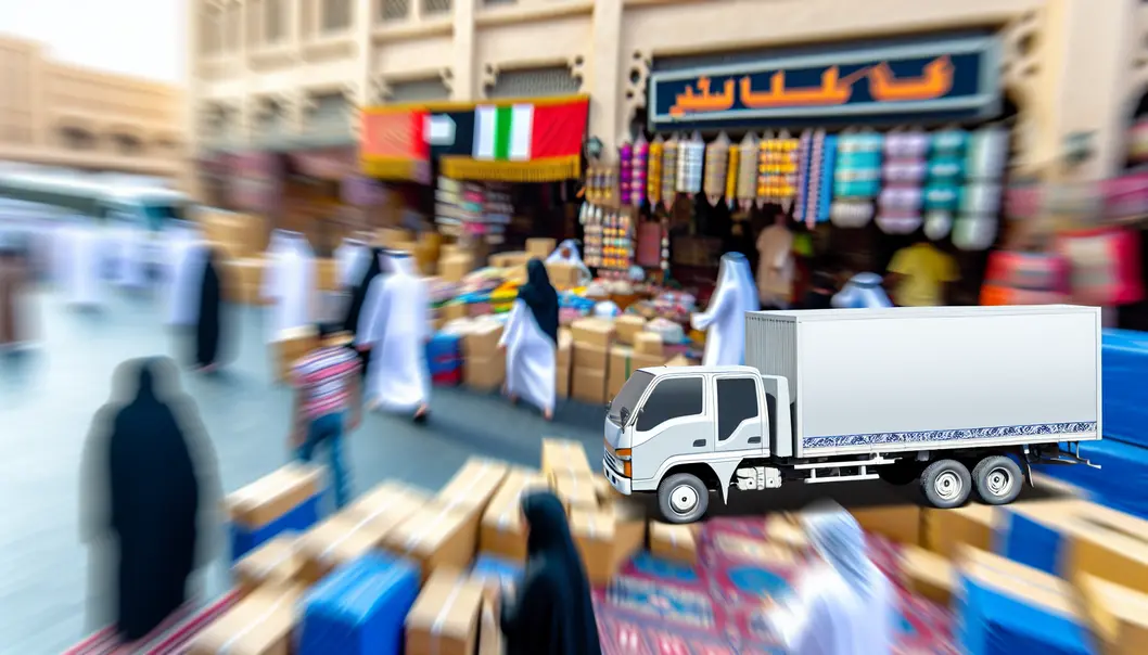 Một chợ sôi động tại UAE với đông đảo người tiêu dùng và đa dạng sản phẩm.