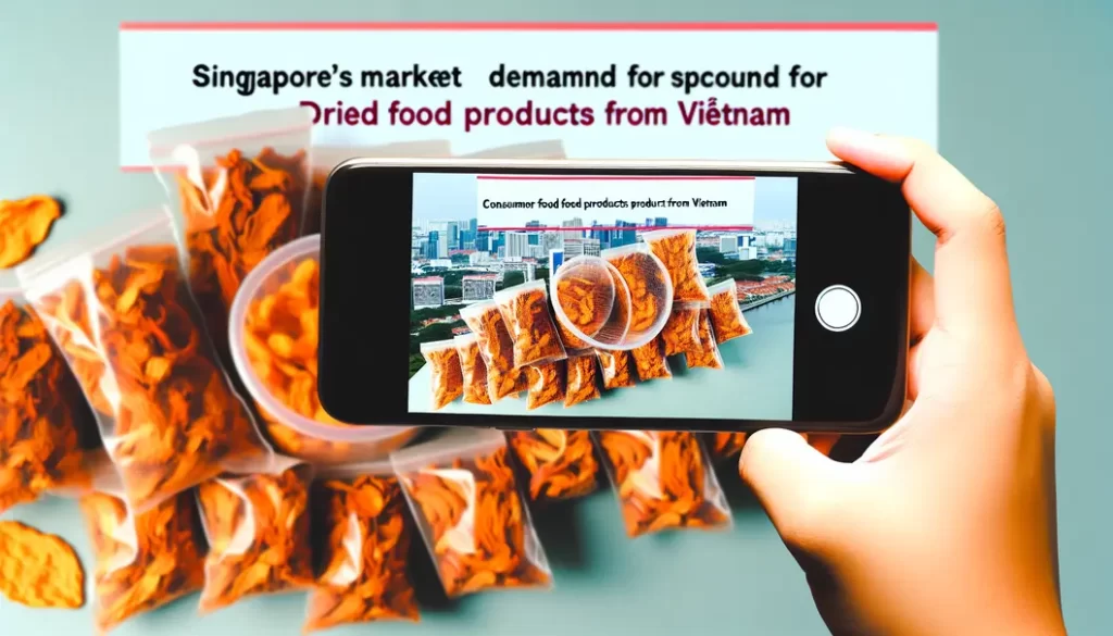 Montage of Vietnamese dry foods, landmarks of Vietnam and Singapore as shipping backdrop.