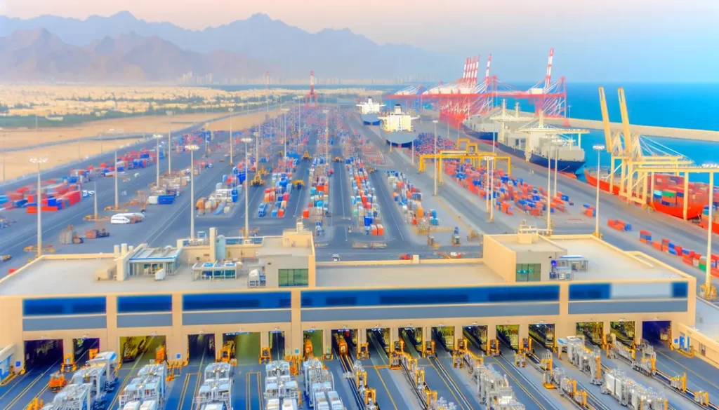 Cảnh vận chuyển quốc tế với trọng tâm là sản phẩm điện tử và bản đồ kết nối Việt Nam với UAE.