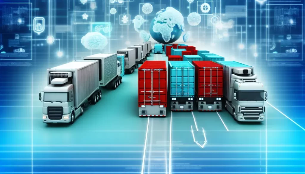 Hình ảnh container, máy bay, và đường bộ trải dài trên bản đồ thể hiện chiến lược vận chuyển quốc tế.