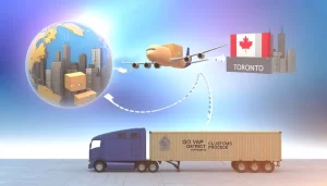 Chiếc máy bay rời khỏi mặt đất tượng trưng cho việc giao hàng nhanh chóng từ Việt Nam đến Toronto.