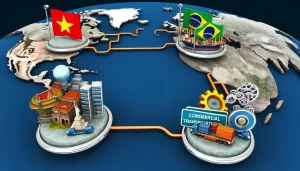 Cargo ship sailing towards Brazil, symbolizing international trade routes.