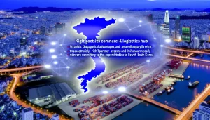 Hình ảnh một cảng hiện đại với tàu vận tải lớn biểu trưng cho vận chuyển quốc tế.