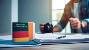 Empowered business executive confidently submitting a visa application.